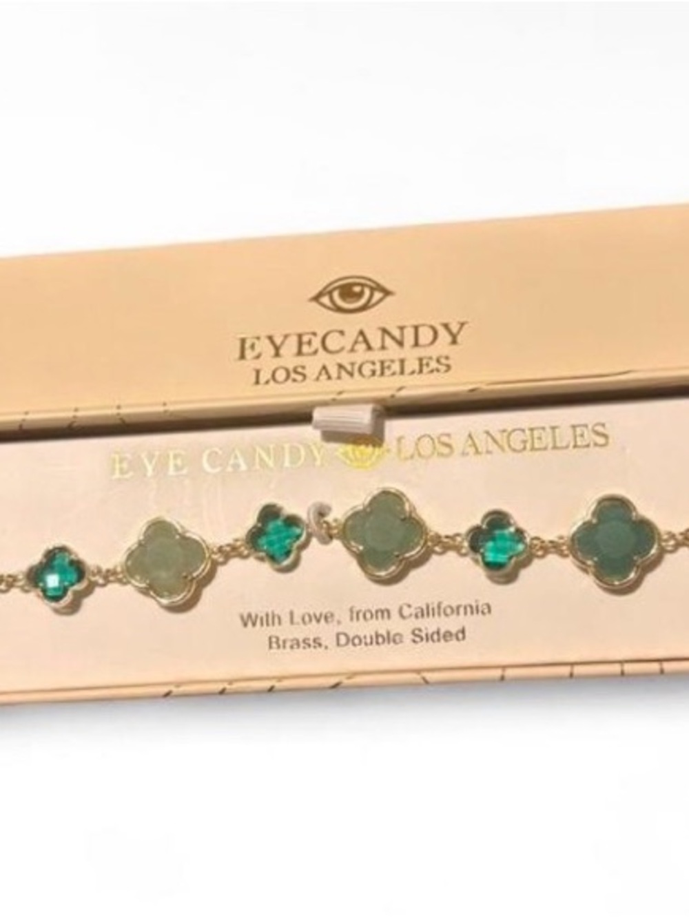 Eye Candy Gold Brass Bracelet with Mint & Emerald Clover Stones - Picture 7 of 9